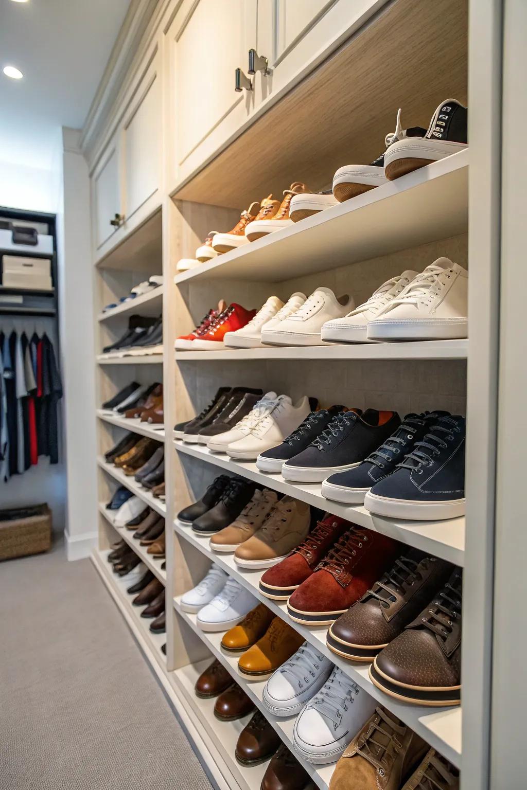 A shoe wall transforms storage into a stylish display.