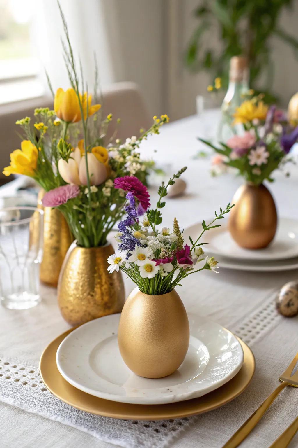 Golden egg vases offer a fresh floral touch to your decor.