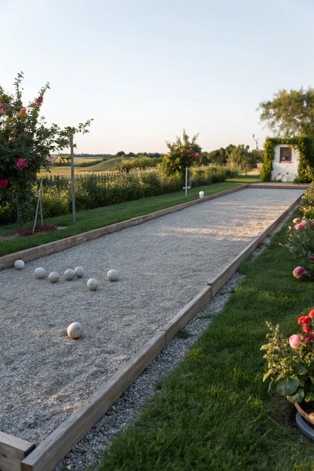 A gravel patio featuring a bocce ball court for playful gatherings.