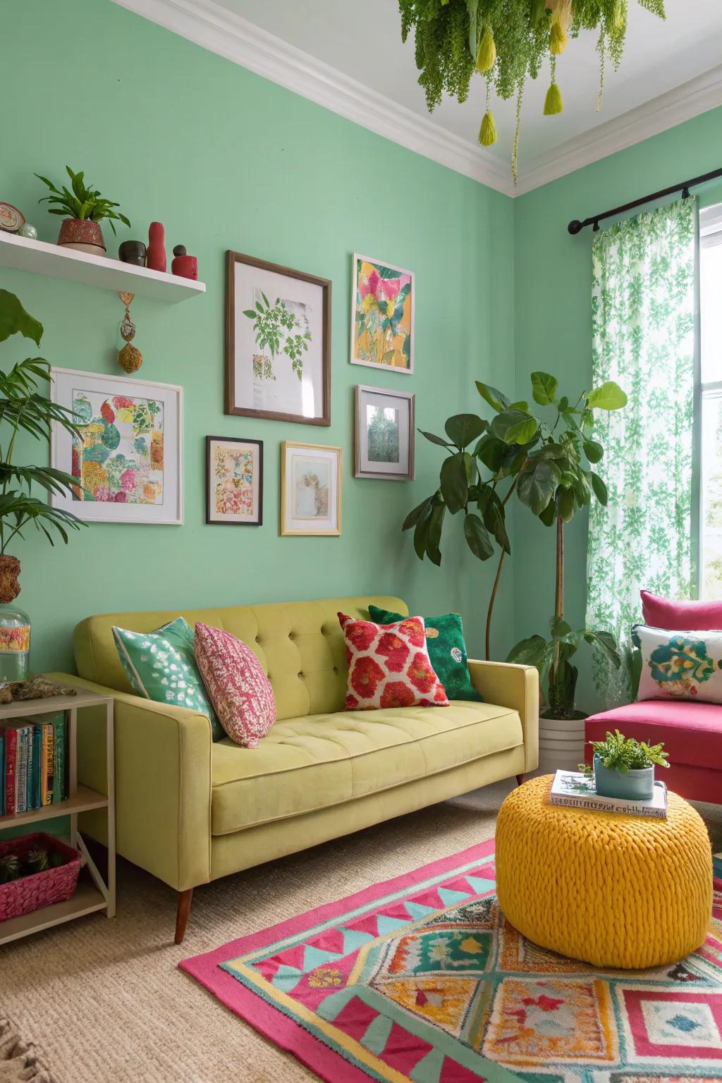 Eclectic combinations of green and vibrant colors energize the space.