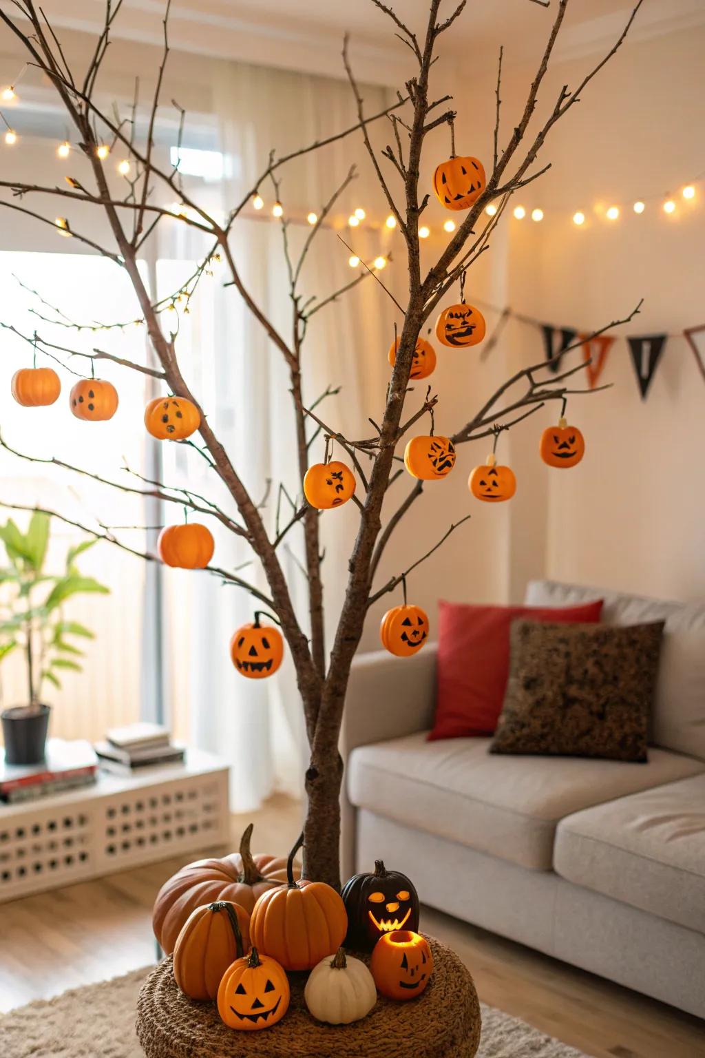 A cheerful Halloween tree brimming with jack-o'-lanterns.