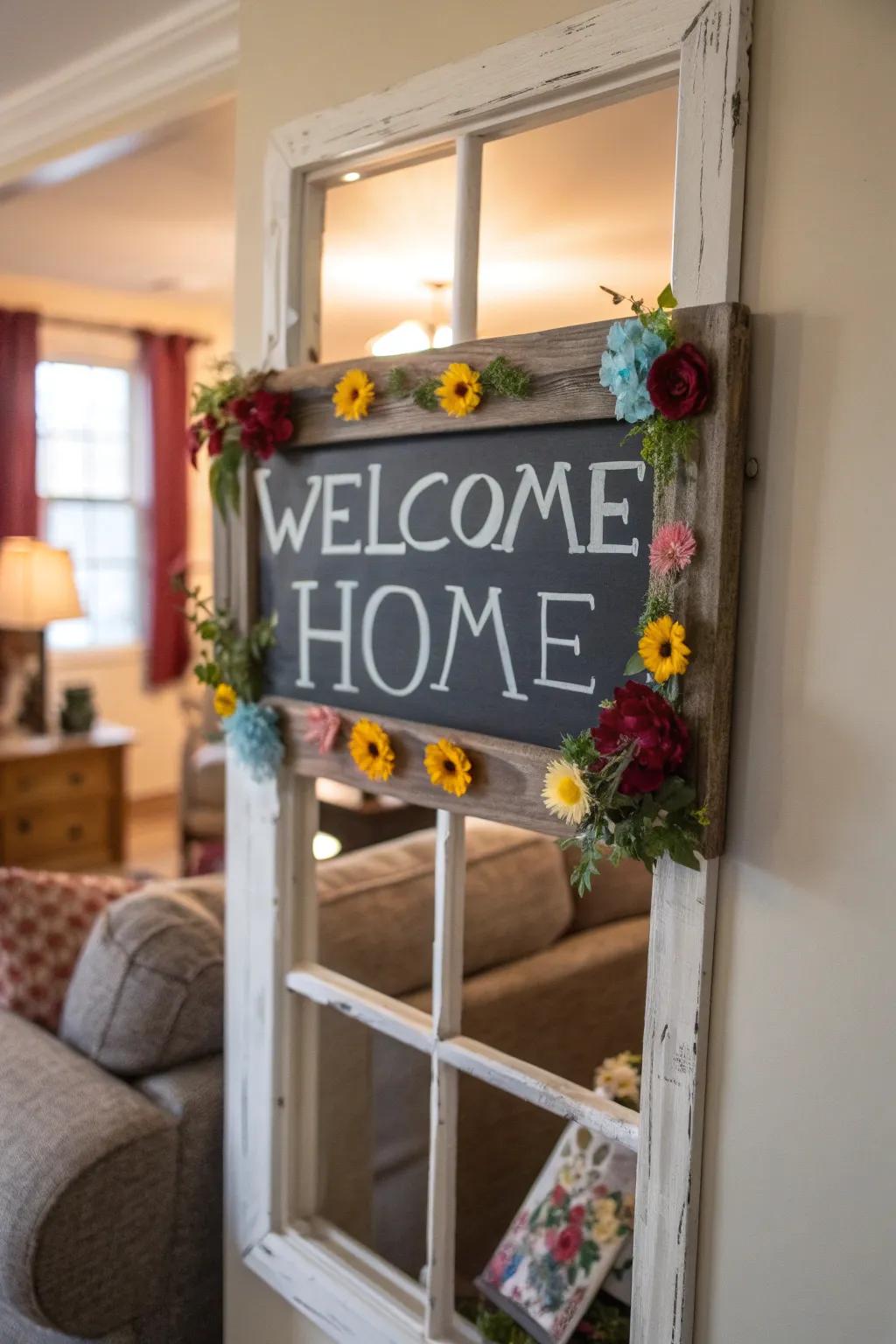 An upcycled window frame sign that adds vintage charm to a living room.