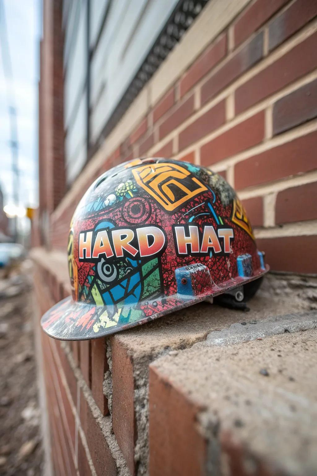 A hard hat transformed with striking graffiti art.