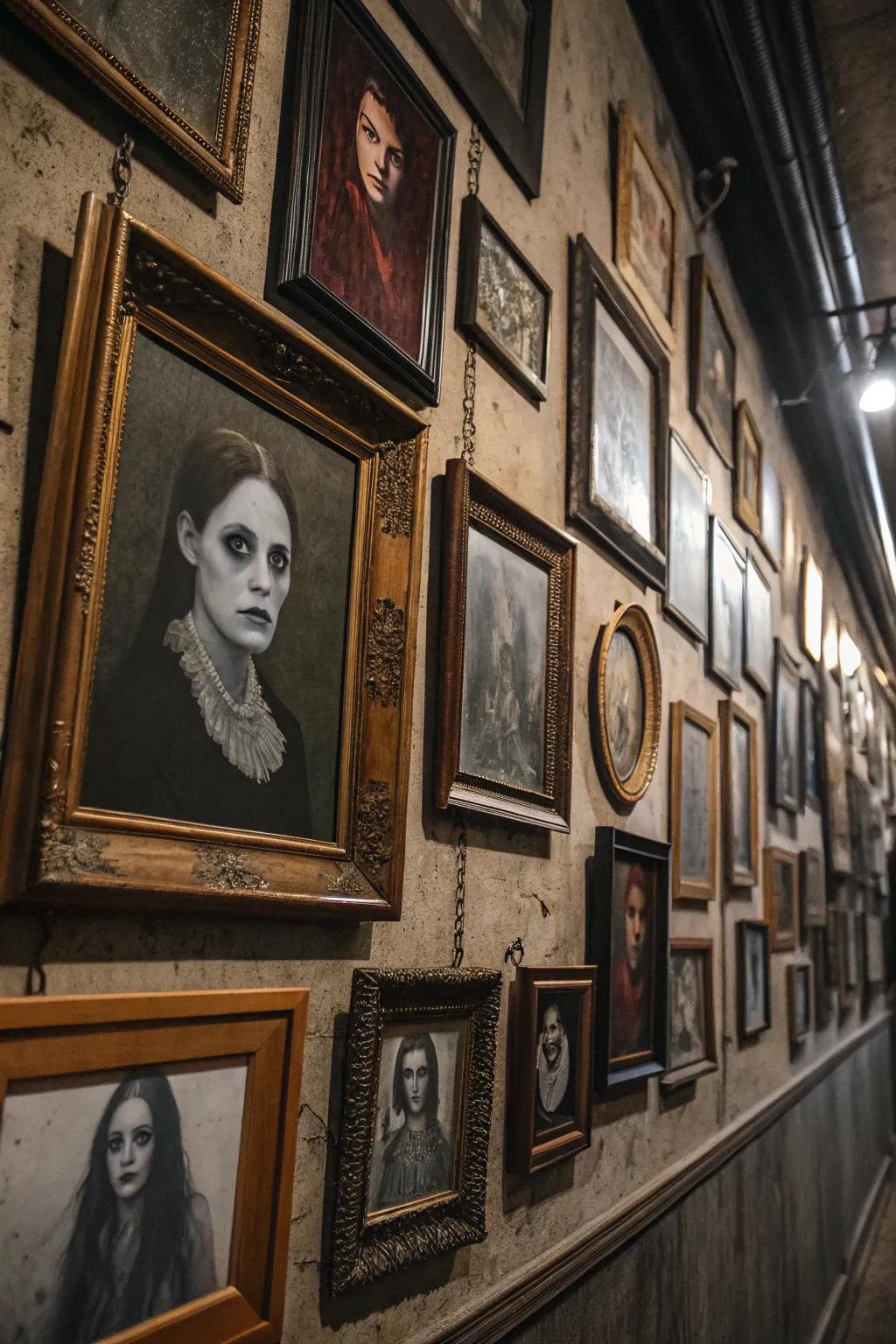 Establish a haunted gallery partition showcasing spooky portraits.