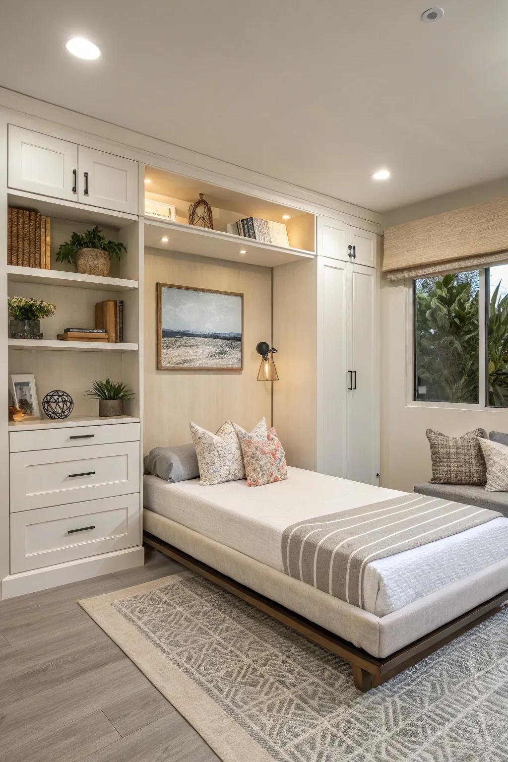 An elegantly simple room with a Murphy bed, creating a serene and orderly space.