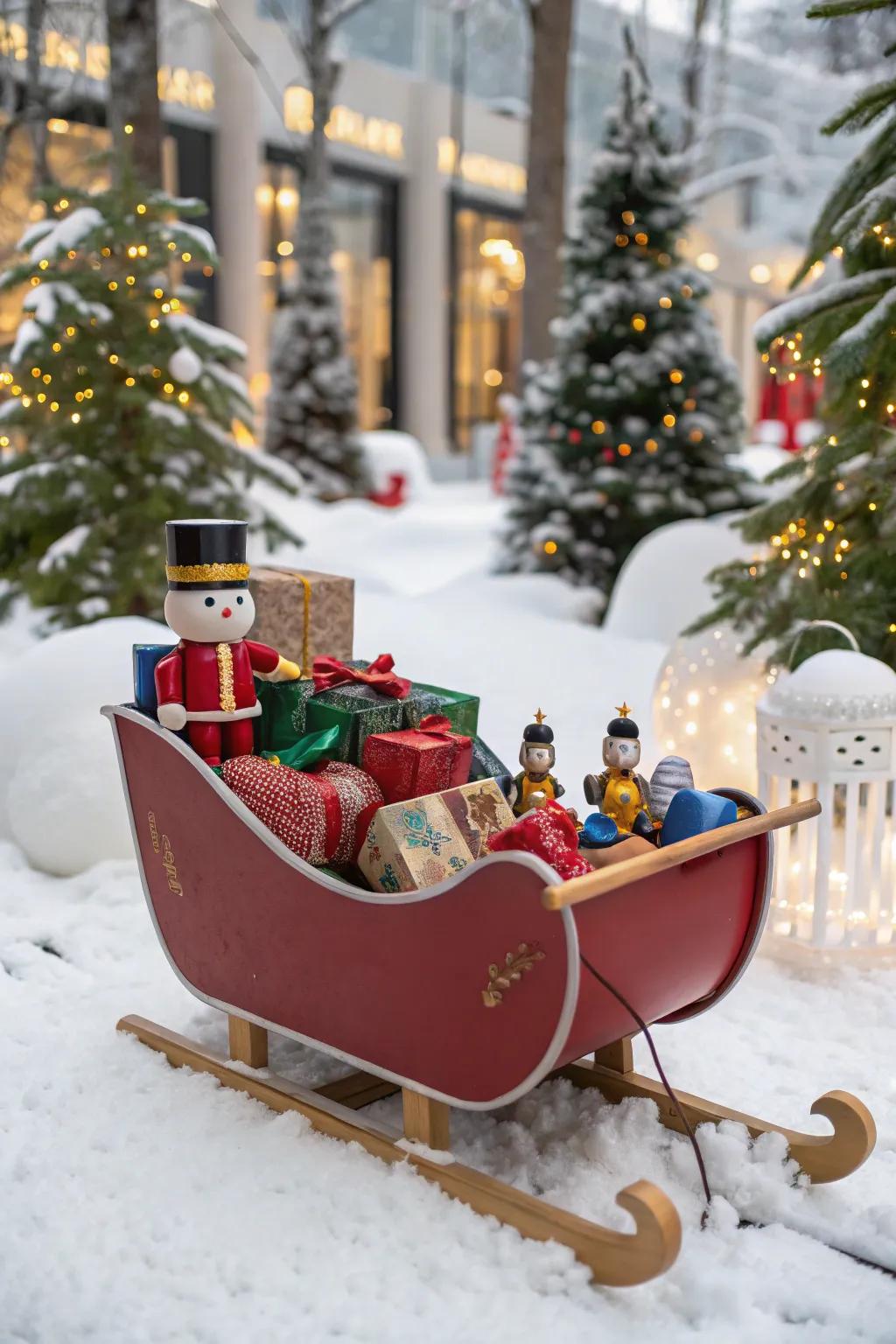 A whimsical sled with playful holiday toys