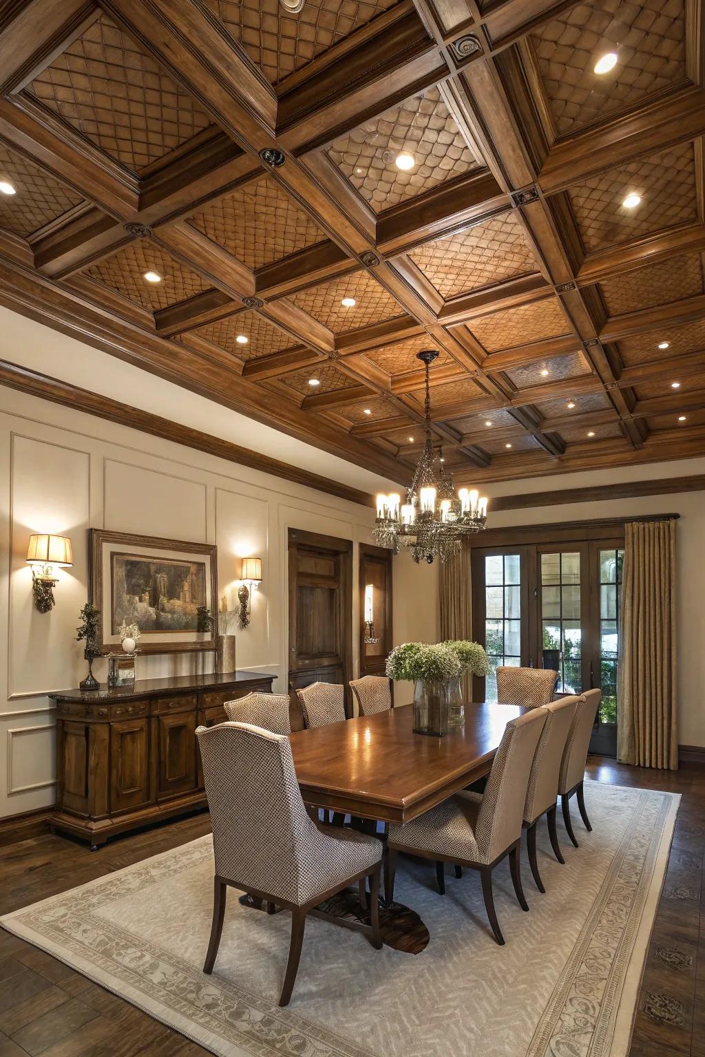 Luxurious dining room enhanced by a coffered ceiling.