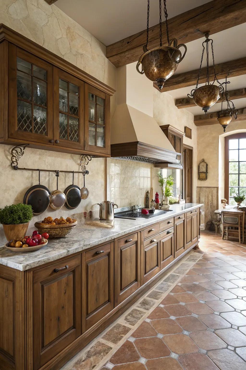 A marble countertop adds elegance and practicality.