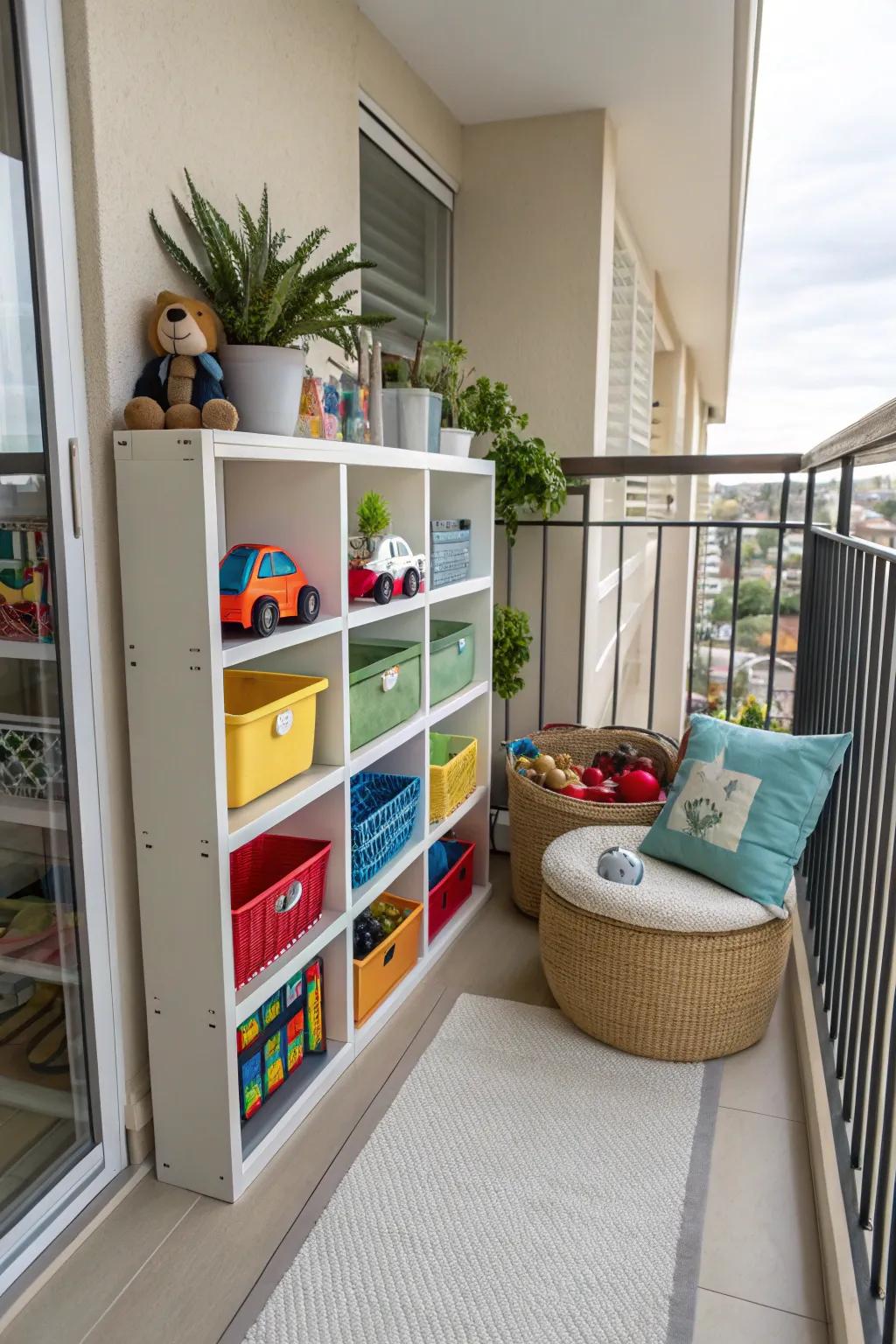 Vertical storage keeps the balcony tidy and toys within reach.