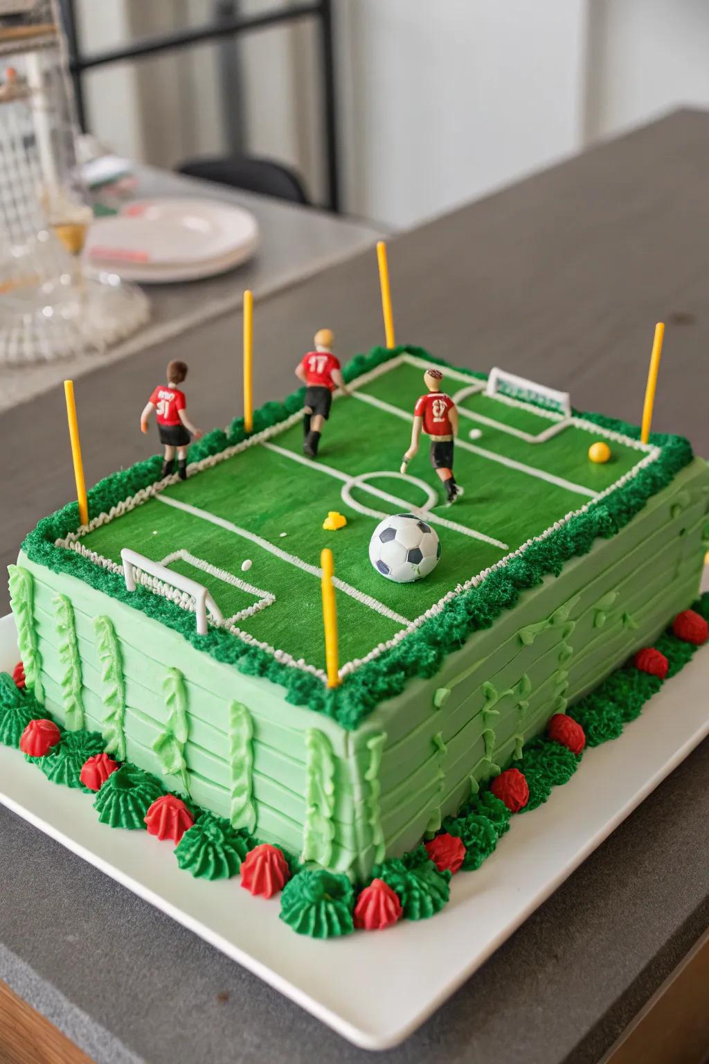 A football field cake serving as an impressive centerpiece.