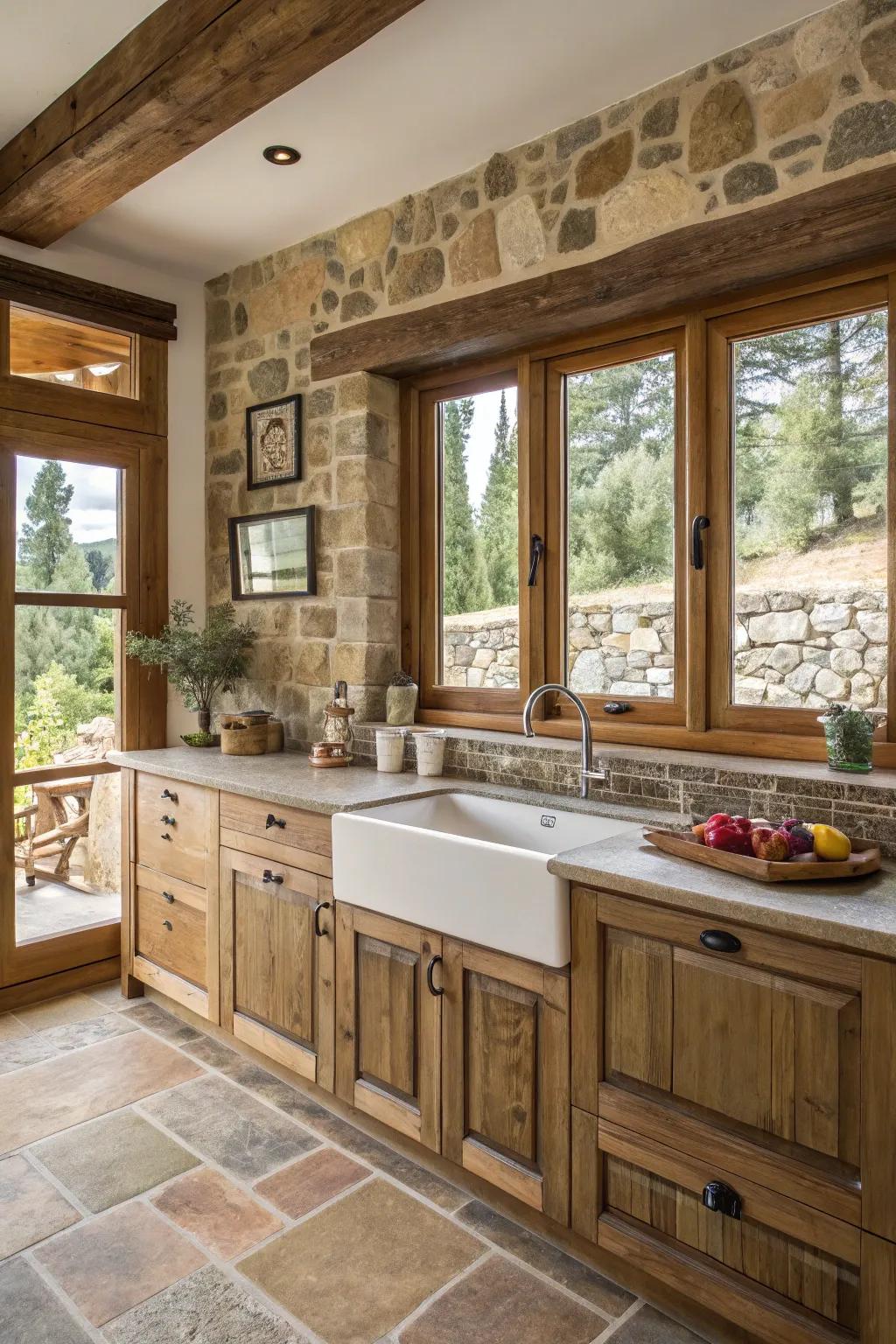 Eco-friendly materials in window frames and backsplash design for a sustainable kitchen.