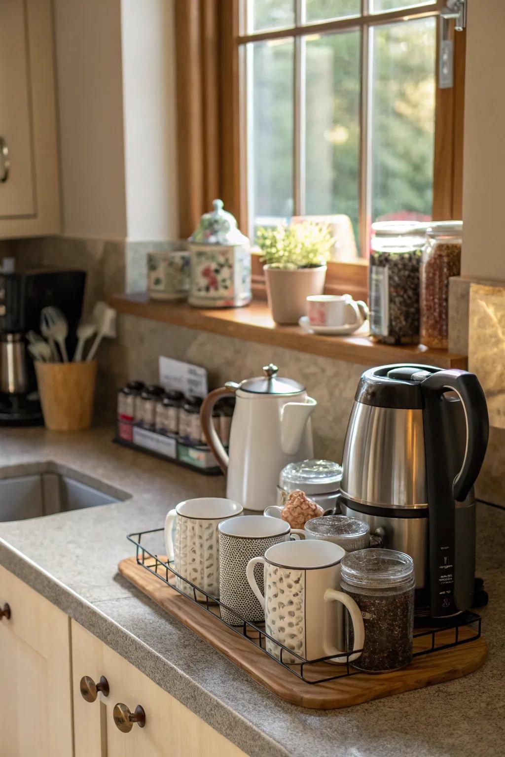 A dedicated cooking area for hot beverage preparation includes convenience and aesthetic attraction throughout a cooking area.
