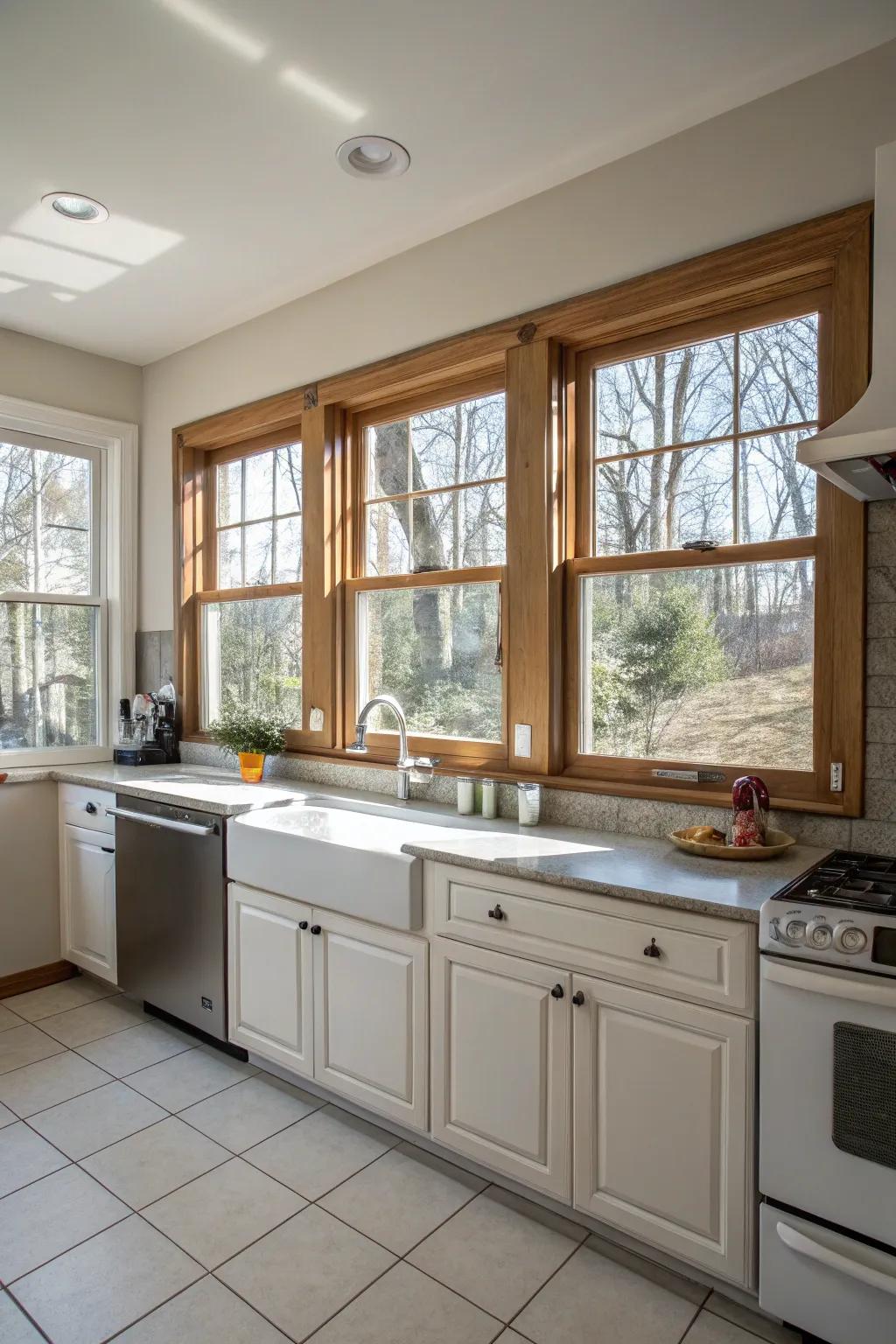 A kitchen featuring versatile double-hung windows.