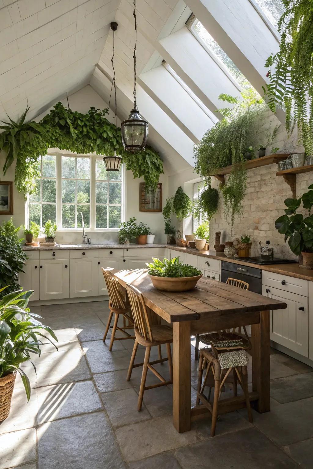 Indoor plants add a fresh touch to this vaulted ceiling kitchen.