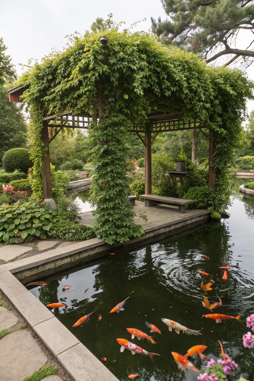 A koi pond shaded by an arbor laden with lush climbing vines.