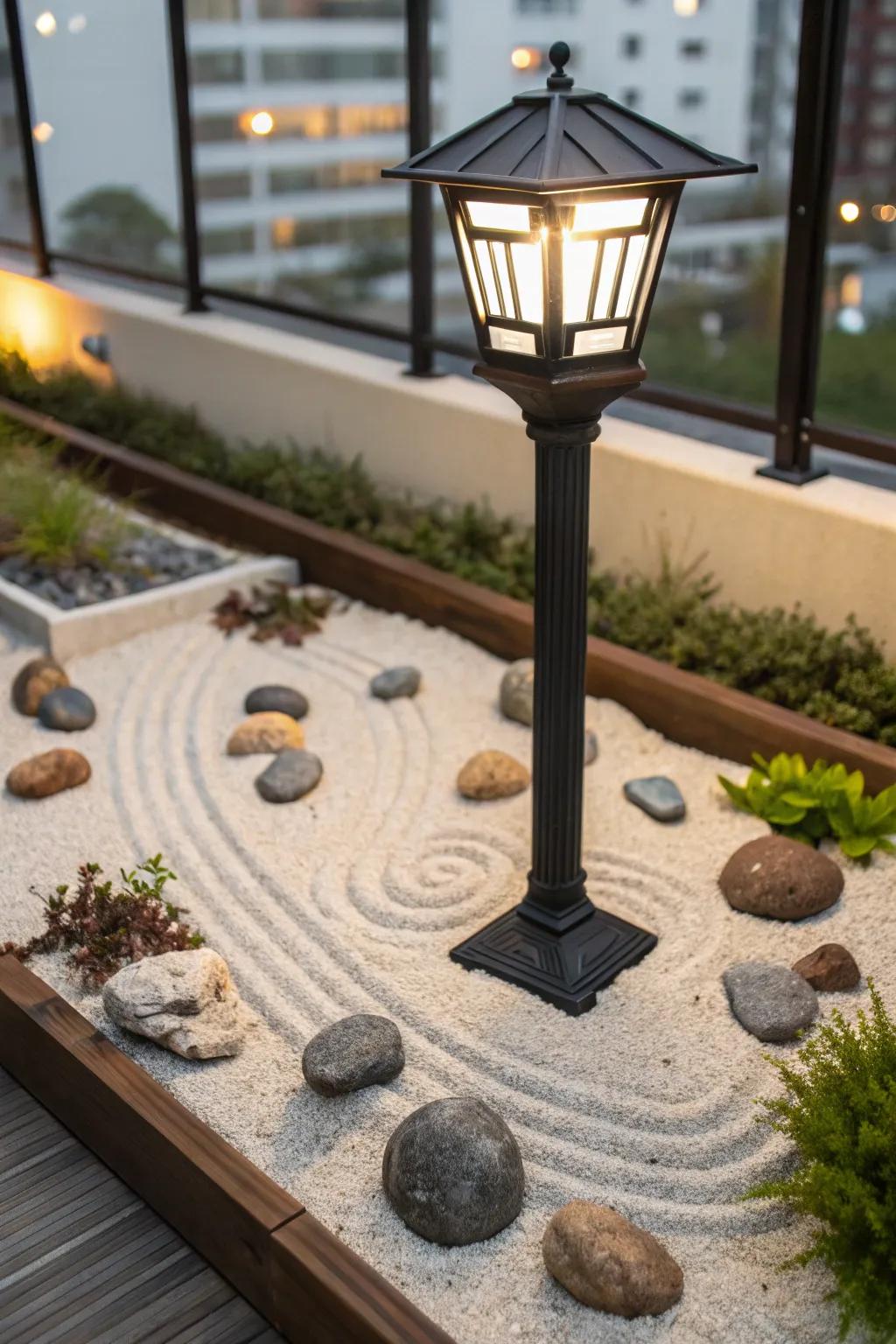 A Zen garden bringing tranquility to a lamp post area.