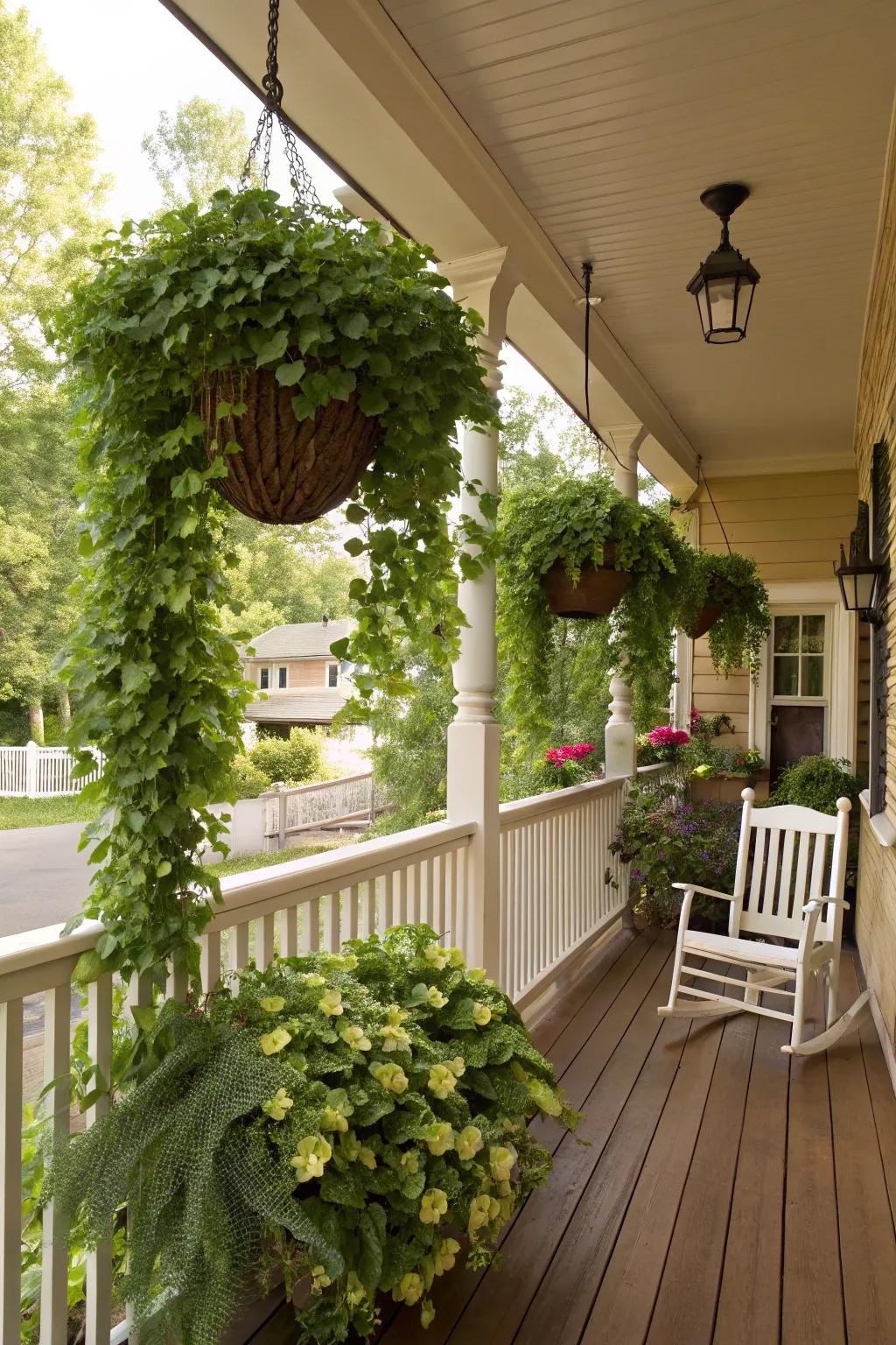 Cascading artificial plants create visual flow.