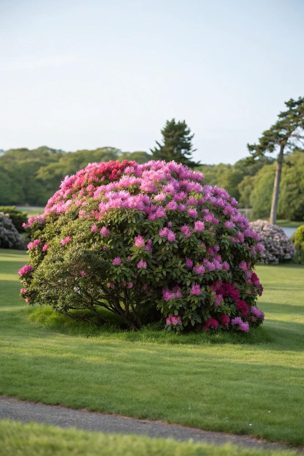 A dramatic rhododendron island in the center of a lawn.