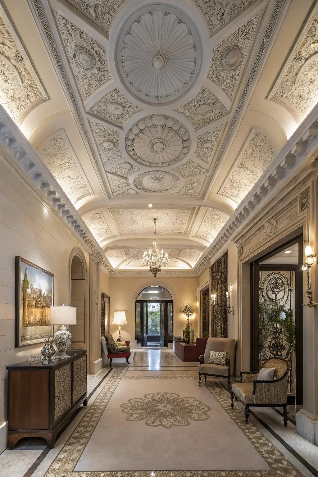 A grand entryway with large crown molding, setting a dramatic and welcoming tone.