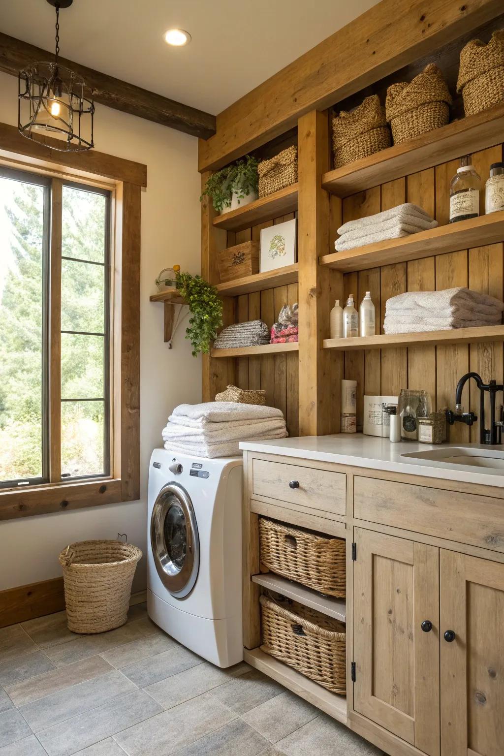 Reclaimed lumber shelving offers an eco-conscious and charming design solution.