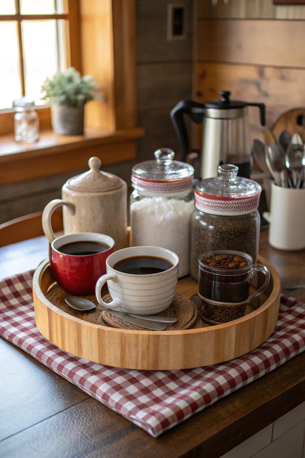 A cozy and organized coffee corner with a lazy Susan.