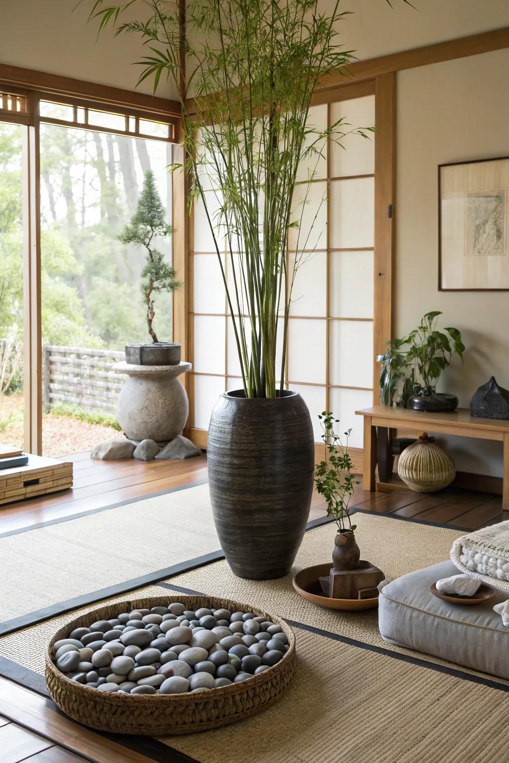 Zen arrangements with bamboo and stones bring tranquility to a living room corner.