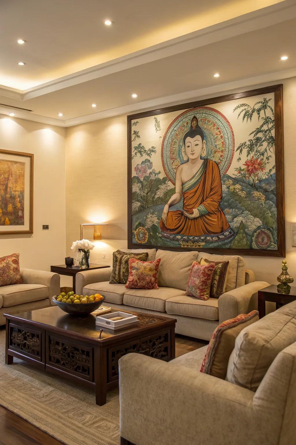 A living room enhanced by a unique art piece as the focal point.