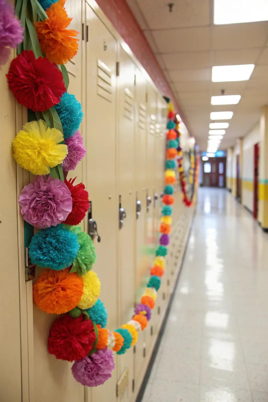 A locker adorned with a cheerful DIY garland for a festive look.