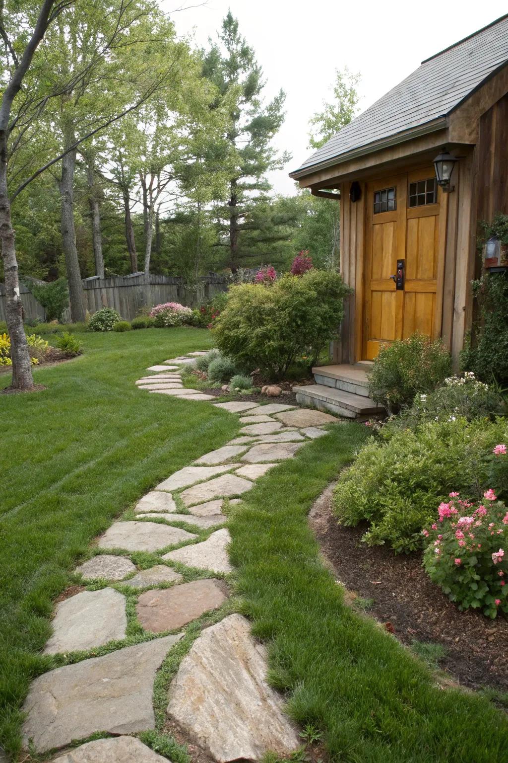 A natural stone pathway adding rustic charm to the yard.