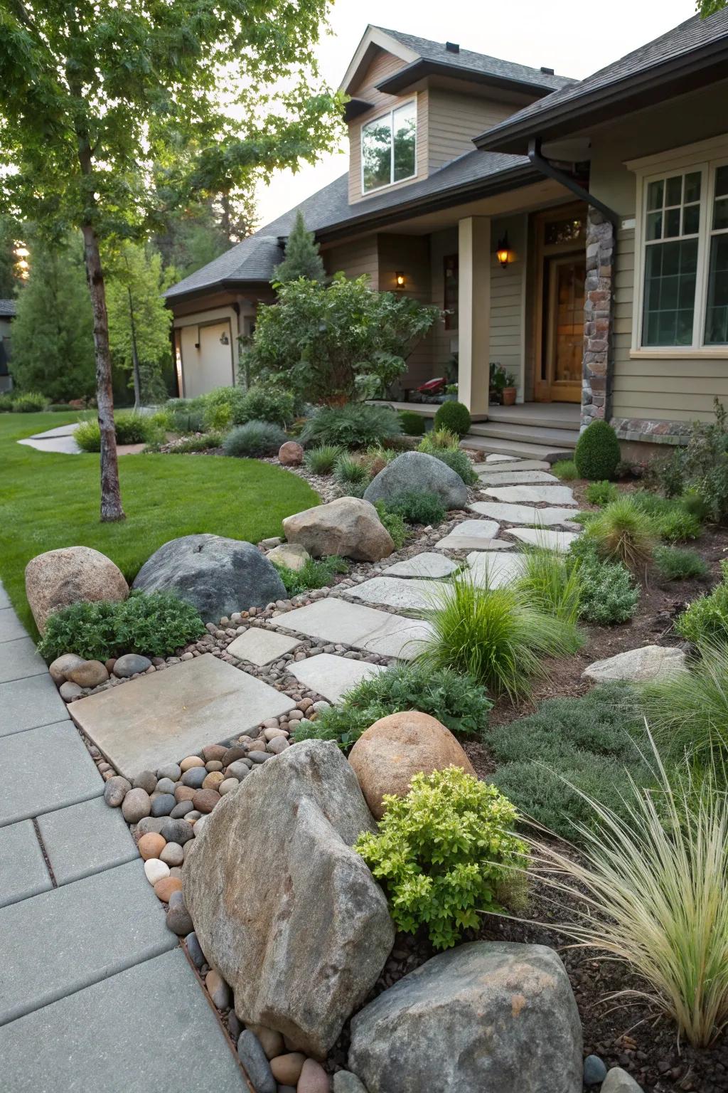 Symmetric rock and plant layout for harmony.