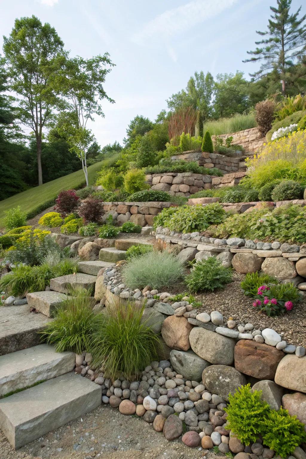 Add visual drama to your garden with multi-tiered river rock layers.