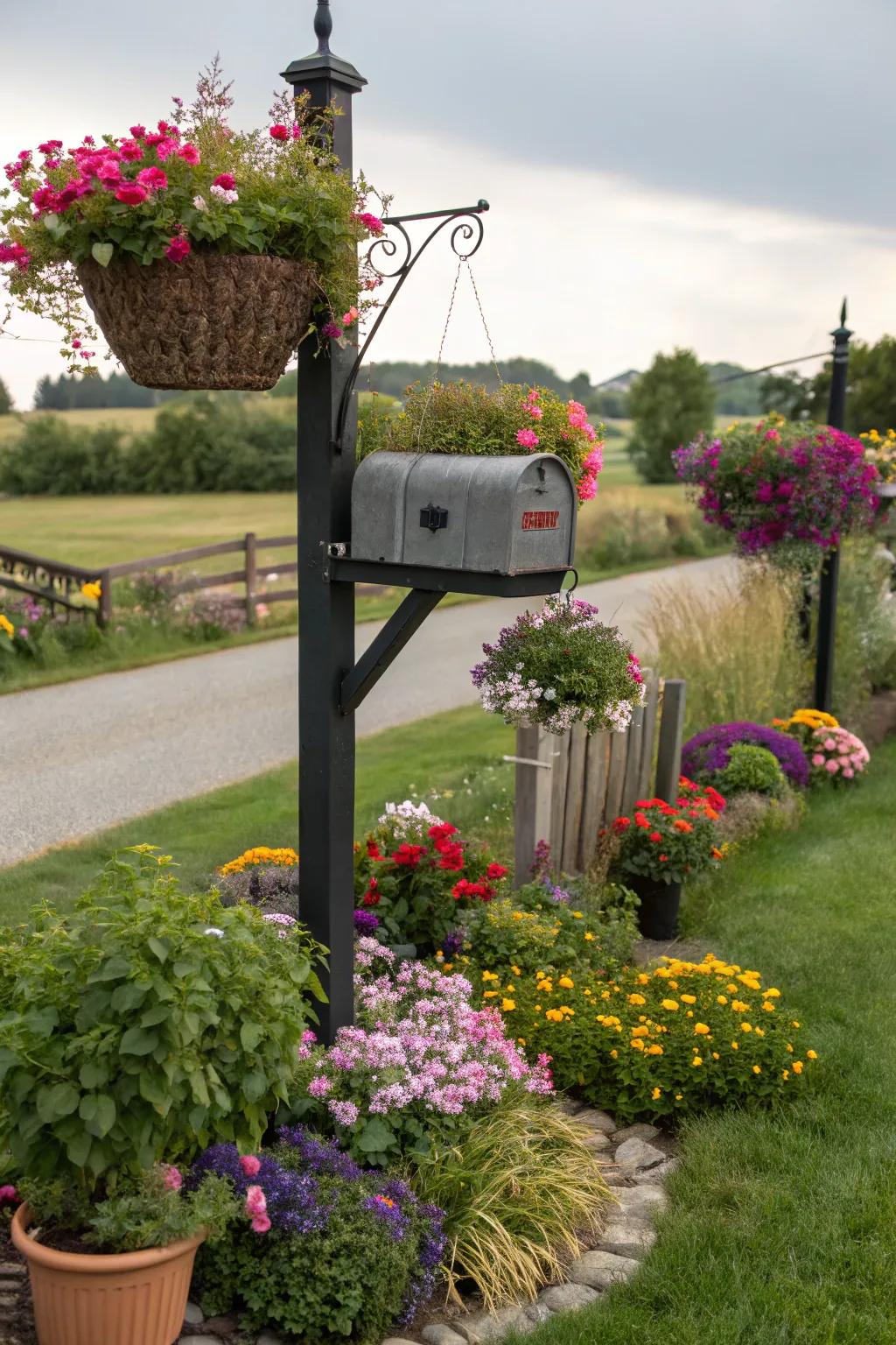 Enhance your mailbox with colorful planters and hanging baskets.