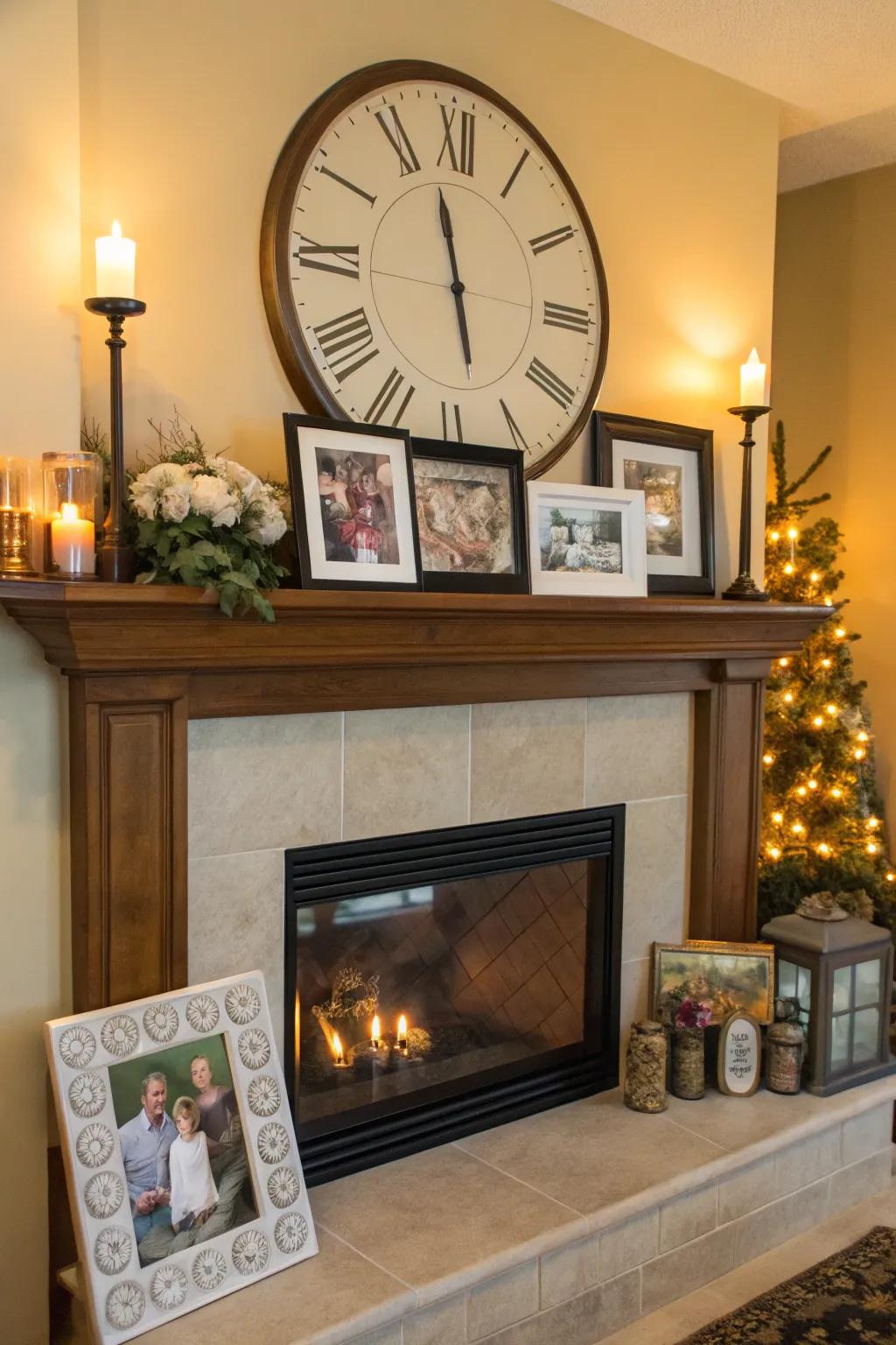 A personal mantel with a clock and cherished family photos.