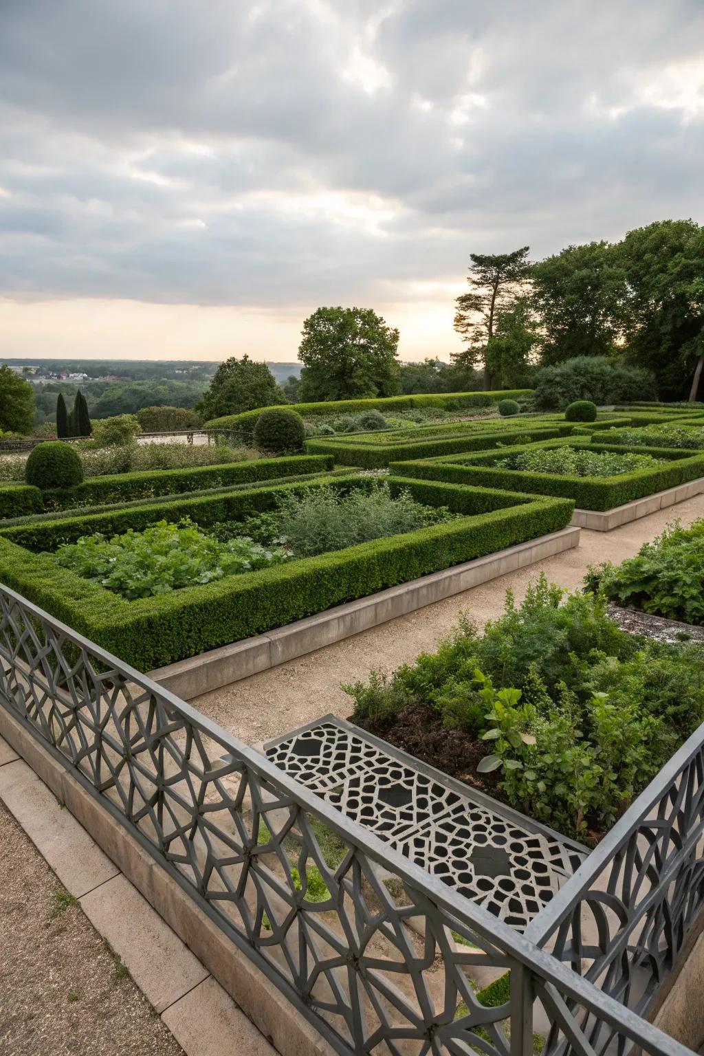 Geometric metal edging patterns add a modern twist to gardens.