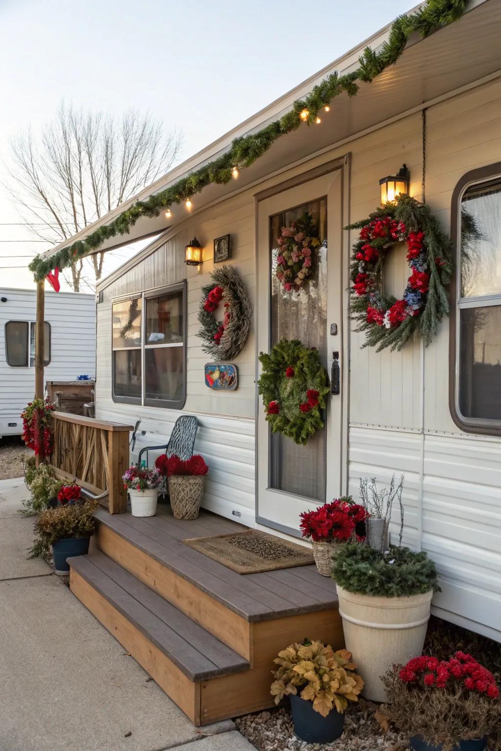 Seasonal wreaths and plants adding a festive touch to a mobile home.