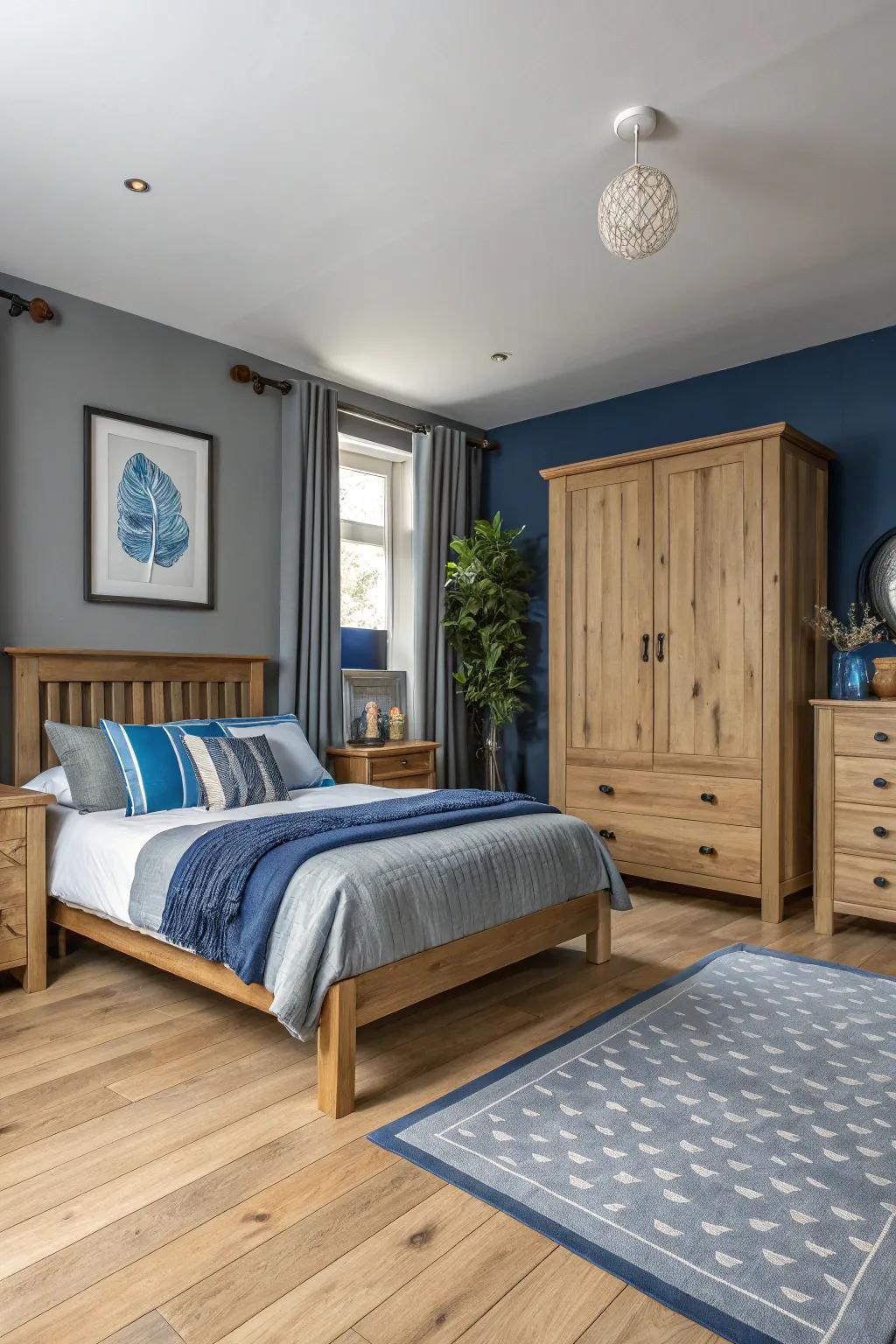 Natural wood combined with grey and blue tones creates a cozy bedroom.