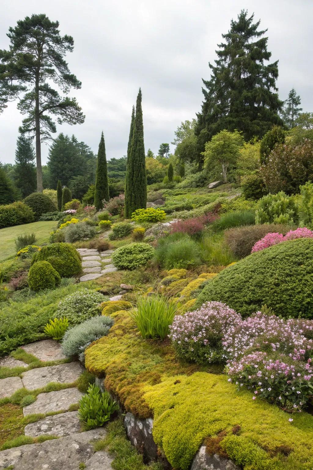 Layered planting creates depth and visual interest.