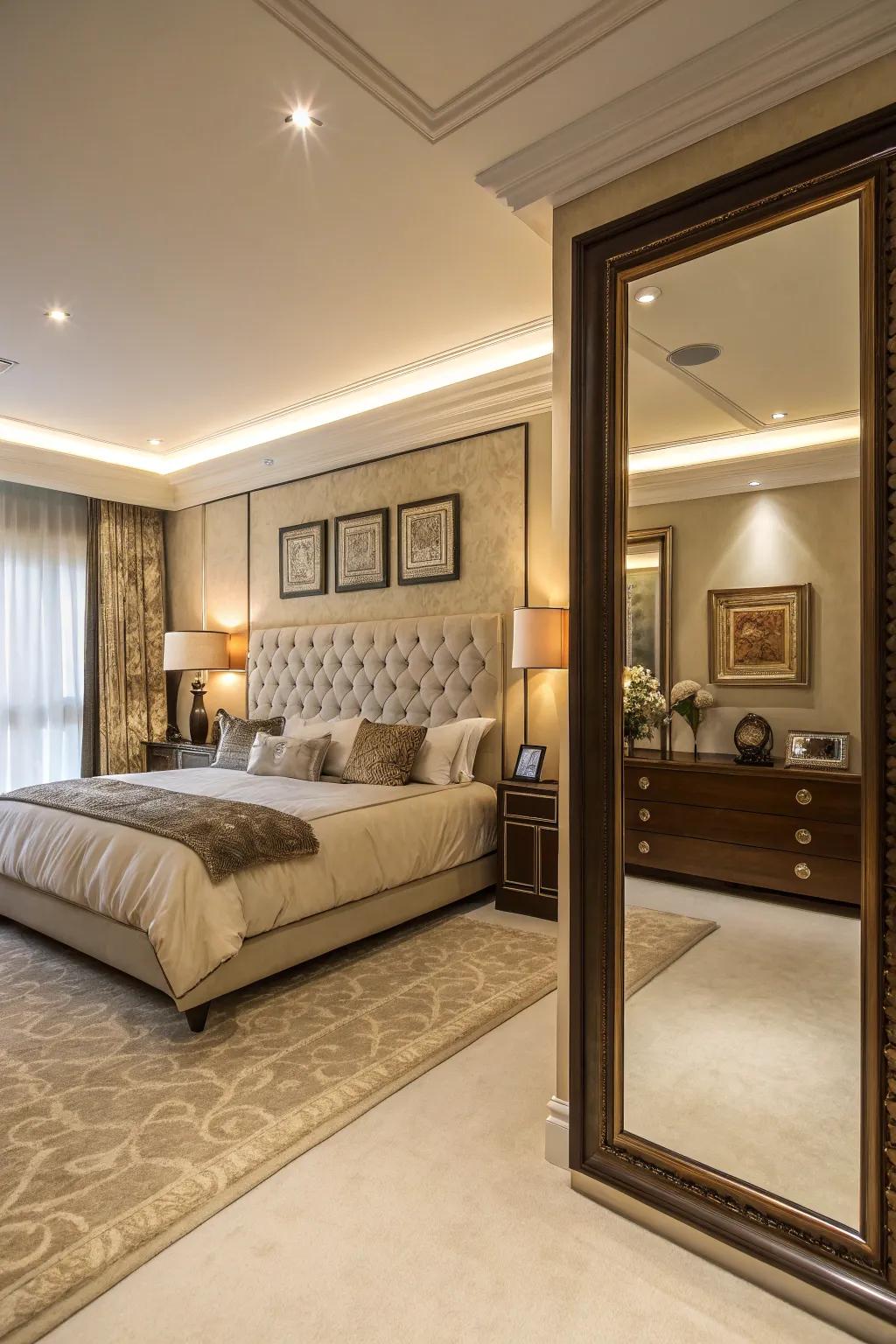 Reflective surfaces enhance the light and space in this bedroom.