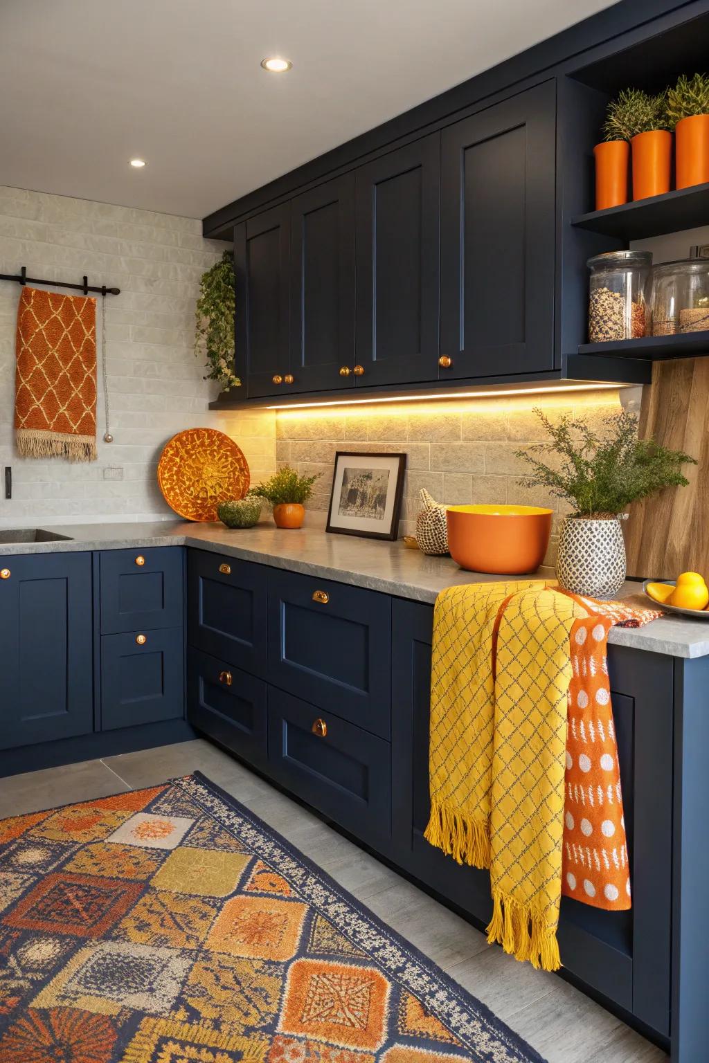 Vibrant accents bring energy and contrast to navy blue kitchen designs.