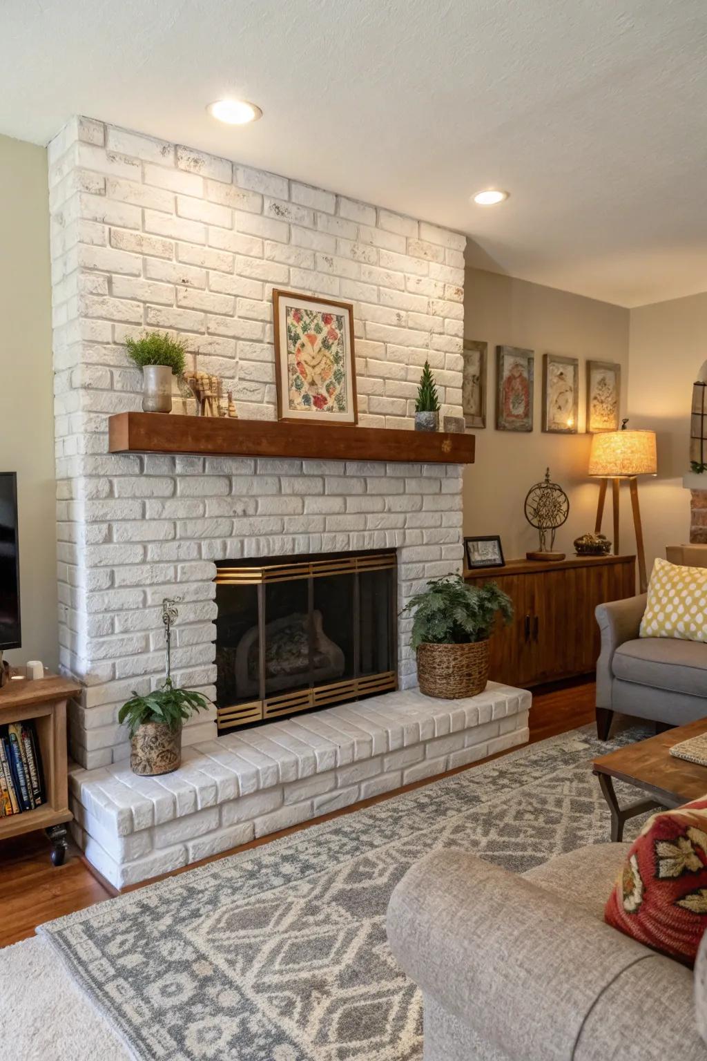 Contrasting textures on a painted brick fireplace add depth.