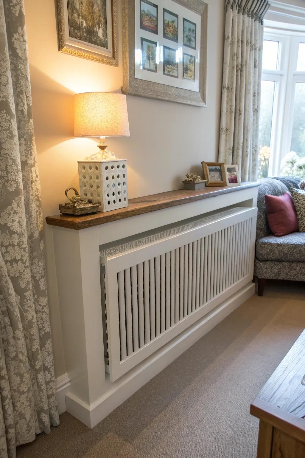 A radiator shield creating the illusion of a floating shelf.