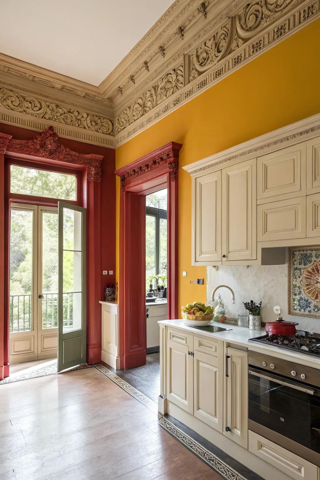 Contrasting colors emphasize wall trim details.