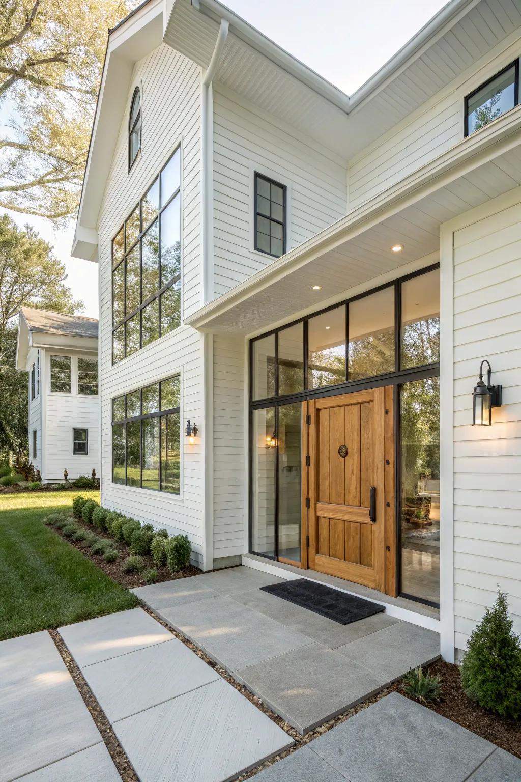 A striking modern entryway that complements the white facade.