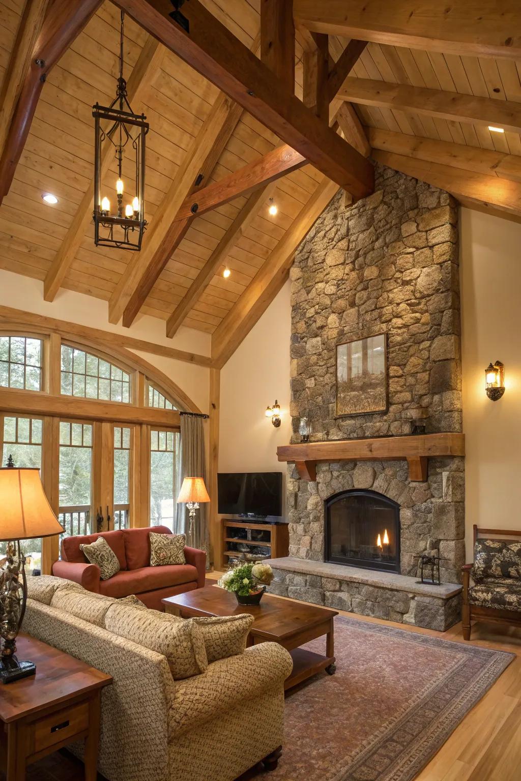 Exposed beams adding rustic elegance to interiors.