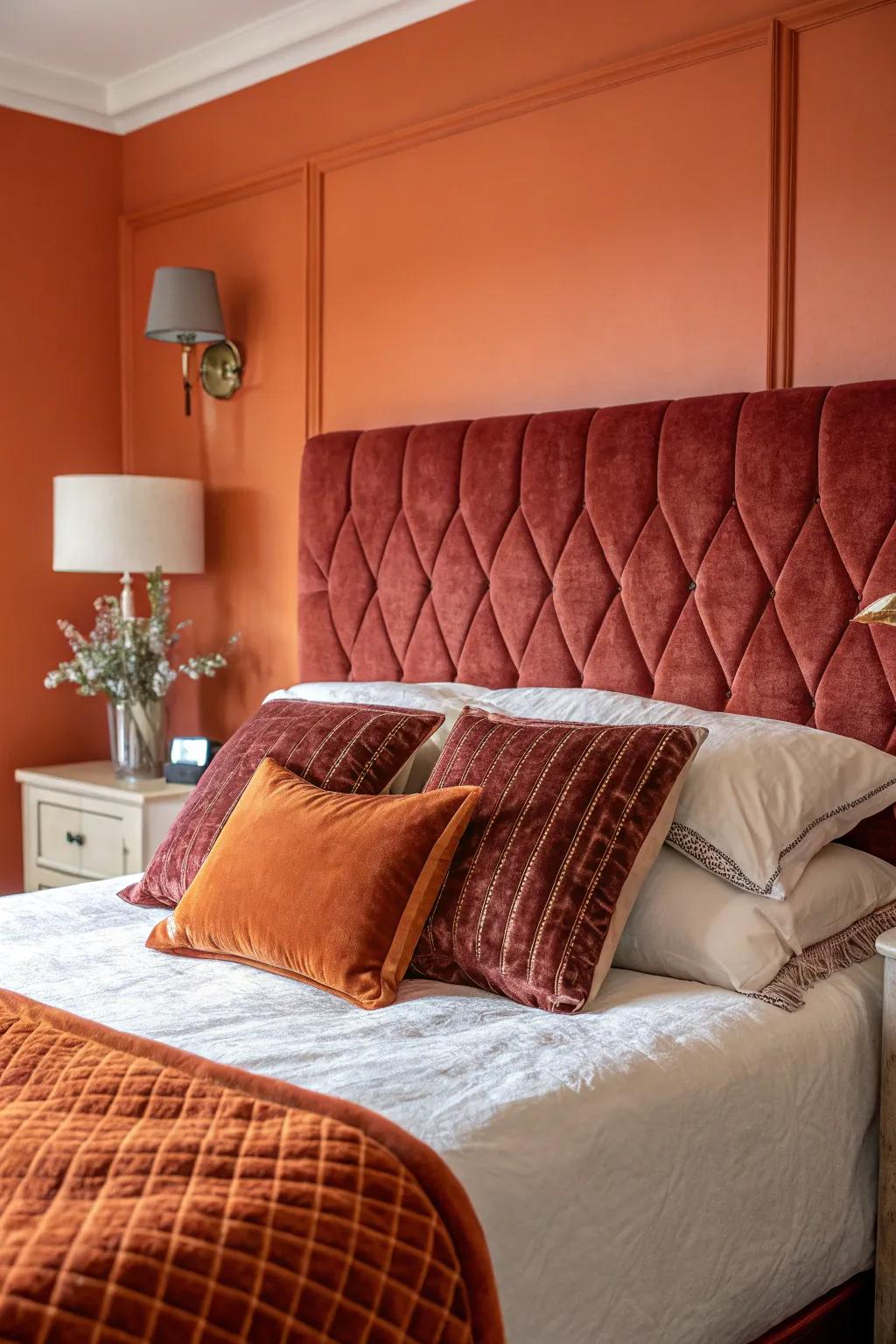 Velvet adds a touch of luxury to the vibrant orange backdrop.