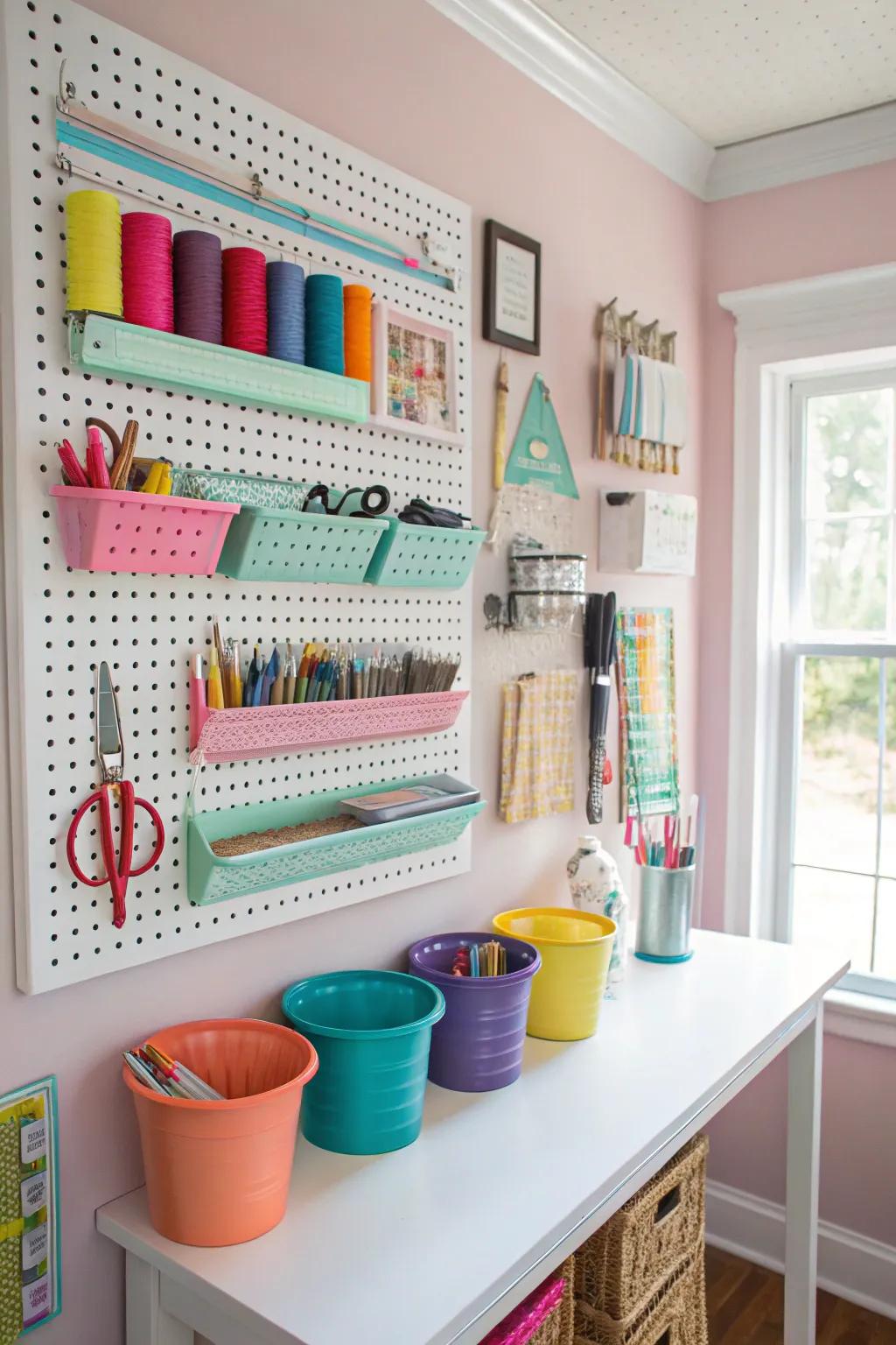 Pegboards offer flexible storage solutions.