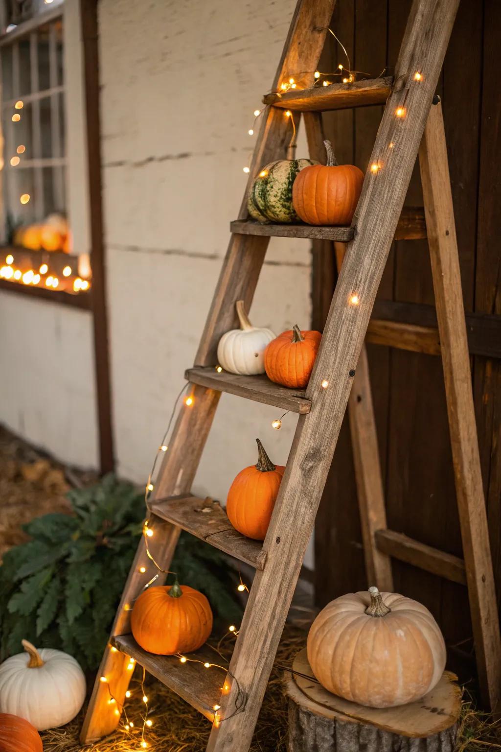 A ladder decorated with pumpkins and lights creates vertical interest.