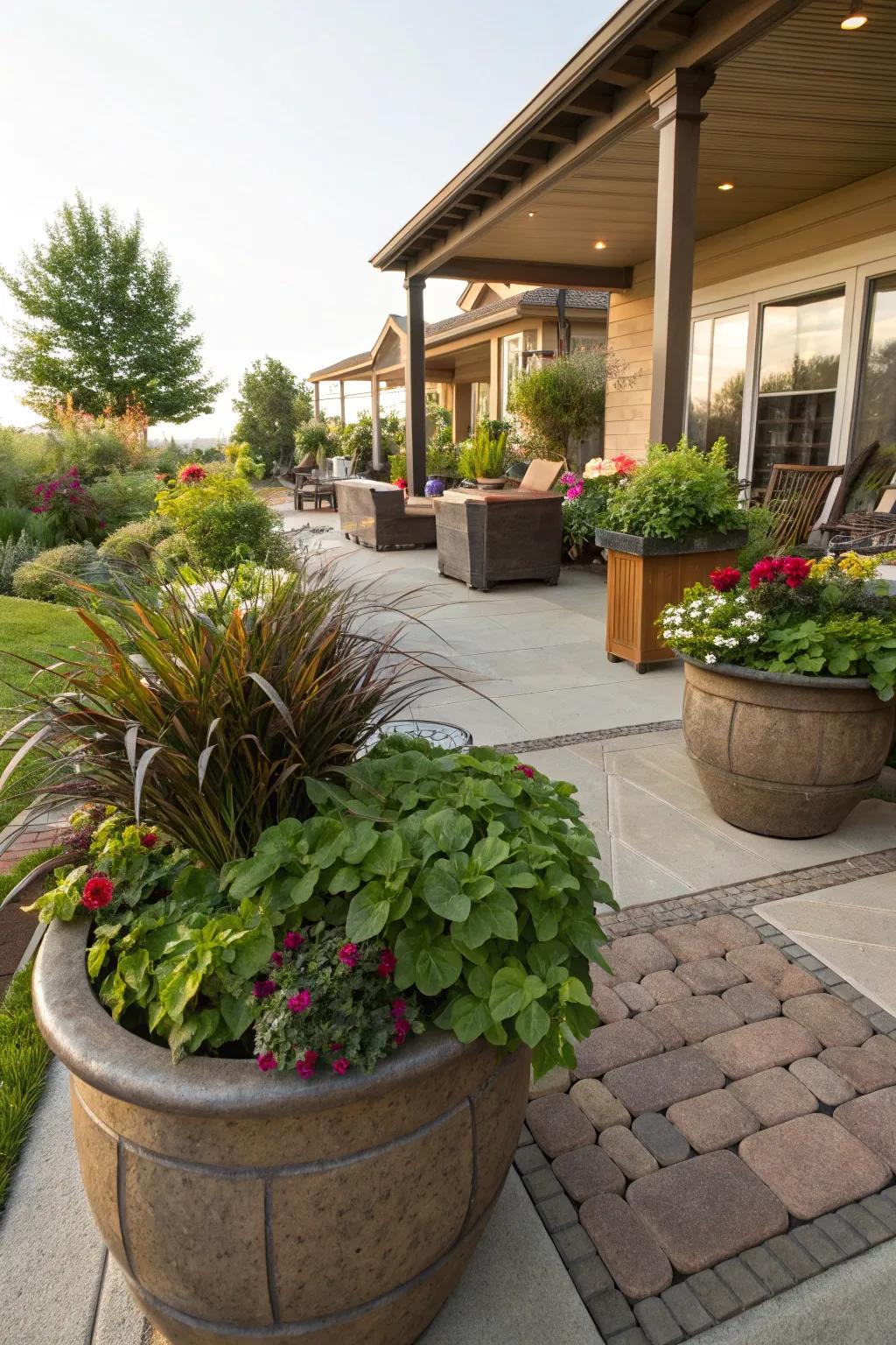 Planters act as natural dividers while adding greenery.