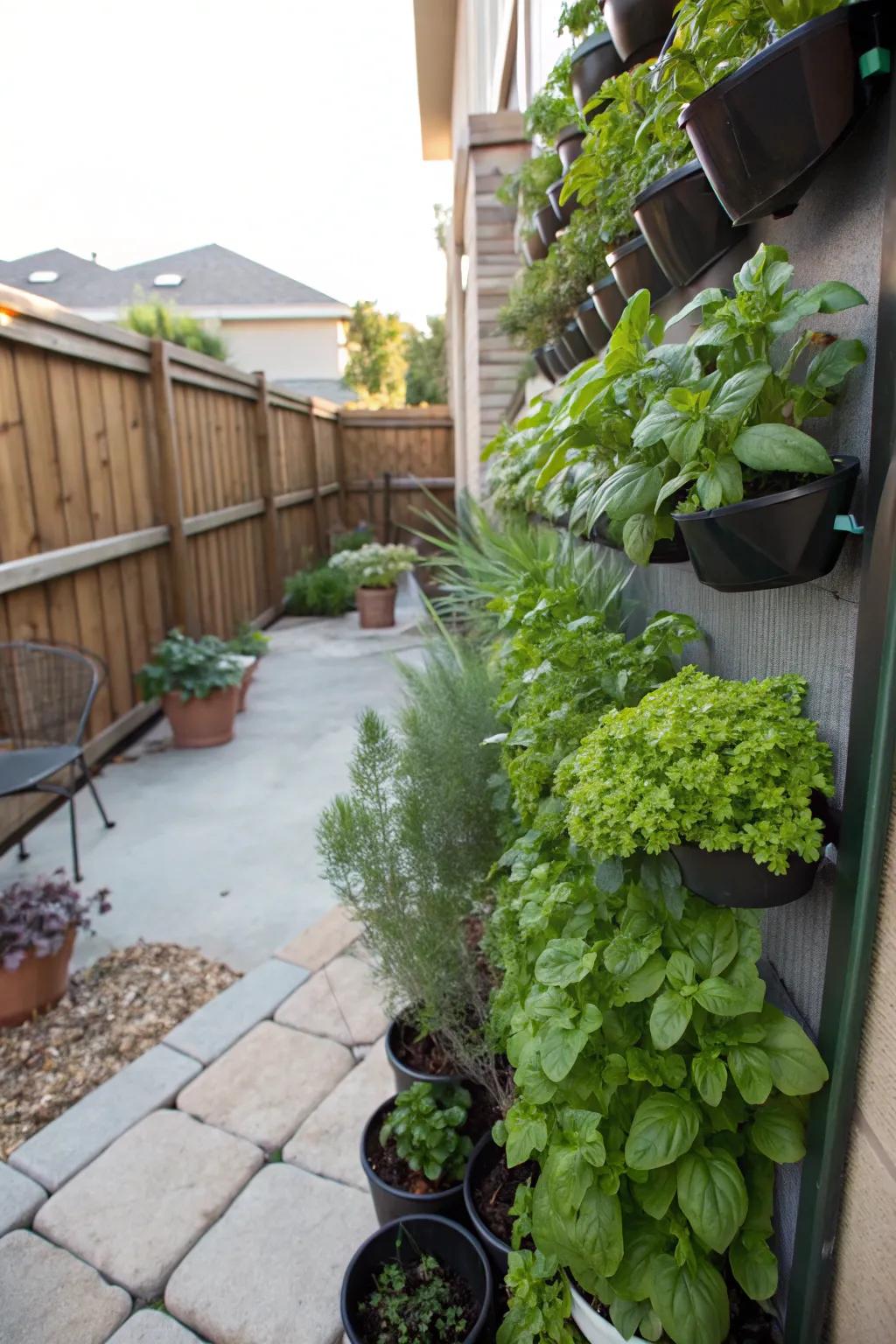 A vertical herb garden is a space-saving solution that adds greenery and flavor.