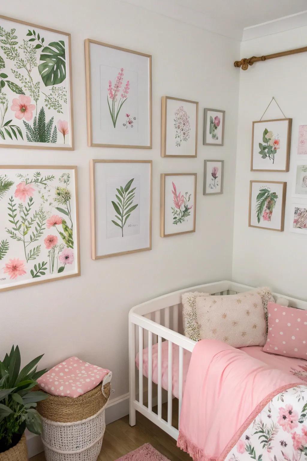 Botanical prints introduce a serene detail within the nursery.